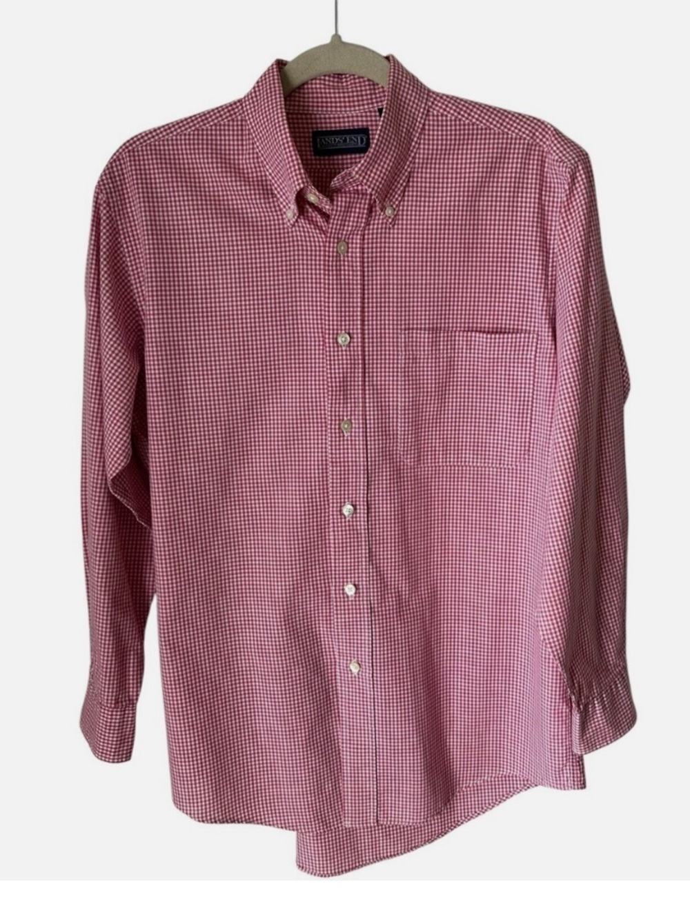 Lands’ End Men’s Red Preppy Gingham Button Down Shirt Tall 16 37 Business Casual